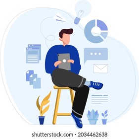 Man Analyzing Data and Chart from Tab Illustration