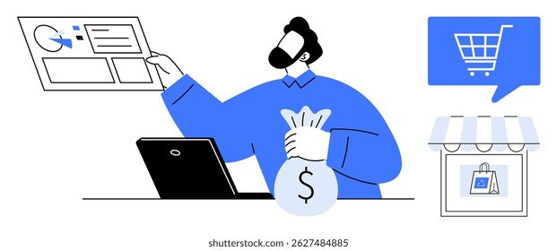 Man analyzing data dashboard while holding money bag, with a laptop on desk. Shopping cart and storefront icon nearby. Ideal for e-commerce, online sales, data analysis, financial growth, digital