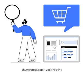 Man analyzing data with a large magnifying glass, e-commerce symbol in speech bubble, analytics dashboard. Ideal for digital marketing, e-commerce, data analysis, online shopping, market research