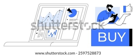 Man analyzing digital marketing data on laptop, showing charts and metrics. BUY button and thumbs-up symbol. Ideal for marketing, e-commerce, business strategy, data analysis, online sales, customer