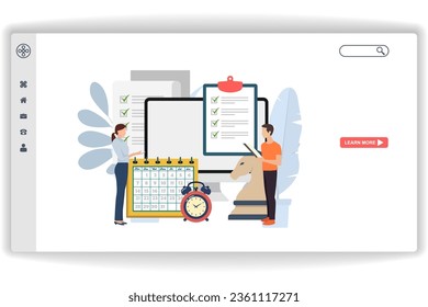 A man is analyzing documents. website page Management Analytics. Modern flat design concept of web page design for website and mobile website
