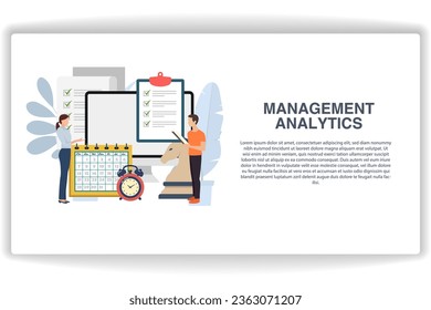 A man is analyzing documents. website page Management Analytics. Modern flat design concept of web page design for website and mobile website