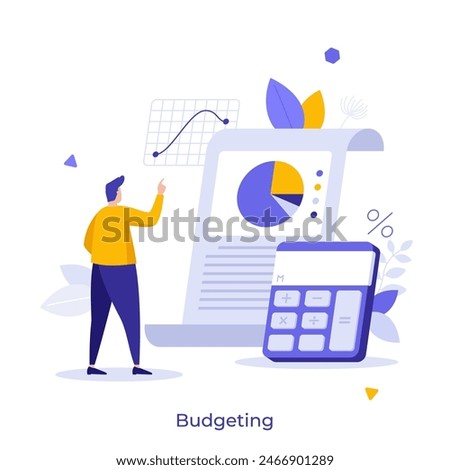 Man analyzing earning and expenses of business. Financial report preparation. Budgeting concept flat vector illustration. Accountant working with commercial data cartoon character color composition