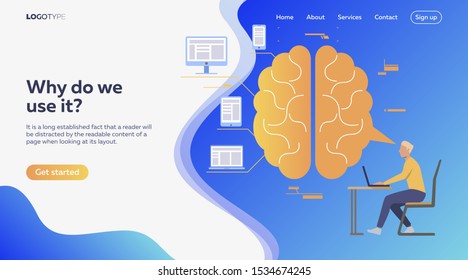 Man analyzing efficiency. Brain, devices, infographics. Efficiency concept. Vector illustration can be used for topics like business, work, time management