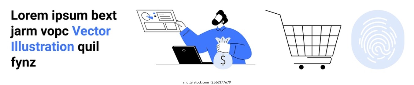 Man analyzing financial data on a computer with a money bag nearby. Includes a shopping cart and a thumbprint icon. Ideal for e-commerce, data analysis, online security, finance management