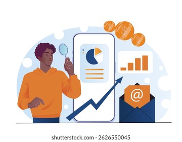 Man analyzing financial data on a smartphone with pie chart, bar graph, and arrow growth icons, on a light abstract background. Concept of business analysis. Vector illustration