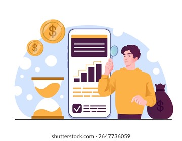 Man analyzing financial data on smartphone with magnifier, coins, hourglass, and money bag on abstract background. Concept of mobile investment analysis. Vector illustration