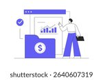 Man analyzing financial graphs, latest stock market news and other data. Stock trading concept. Investing money in stock. Flat Cartoon Vector Illustration, icon. Stylish abstract design landing page