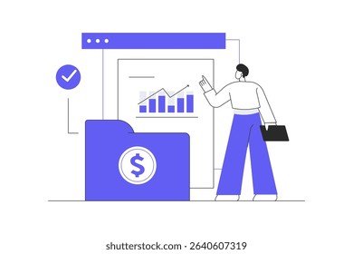 Man analyzing financial graphs, latest stock market news and other data. Stock trading concept. Investing money in stock. Flat Cartoon Vector Illustration, icon. Stylish abstract design landing page