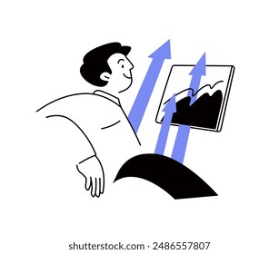 Mann analysiert eine Wachstumstabelle mit Aufwärtspfeilen in einem modernen, flachen Stil. Vektorillustration isoliert auf weißem Hintergrund. Perfekt für Geschäfts- und Finanzthemen.