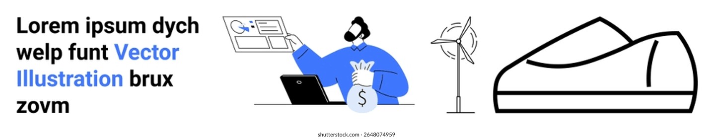 Man analyzing growth charts, holding a bag of money next to a laptop, wind turbine, and shoe. Ideal for business, finance, technology, innovation, eco-friendliness, sustainability, e-commerce