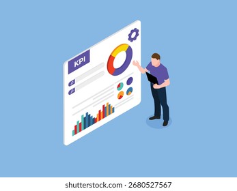 Hombre Analizando un Panel de KPI con Diferentes Gráficos y Gráficos, Análisis de Datos, Métricas de Negocio y Rendimiento. Ilustración vectorial 3D