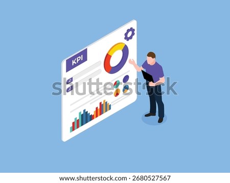 Man Analyzing a KPI Dashboard with Different Charts and Graphs, Data Analysis, Business Metrics, and Performance. 3d vector illustration