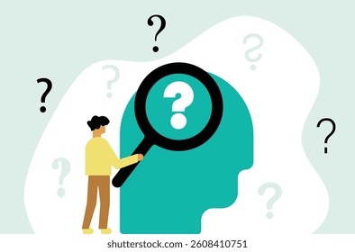 Man analyzing mental confusion with magnifying glass illustration