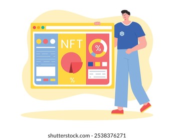 Man is analyzing profit data from NFT, the world digital investment. Character design. Vector flat illustration