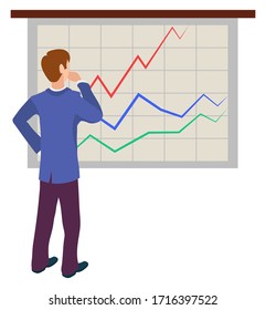 Wir analysieren Verkäufe auf Grafiken und Diagrammen, schließen uns unserem Teamkonzept an. Vektorillustration männliche Cartoon-Figur-Back-Ansicht, die sich die statistischen Daten, die Arbeit in Team und Zusammenarbeit ansieht