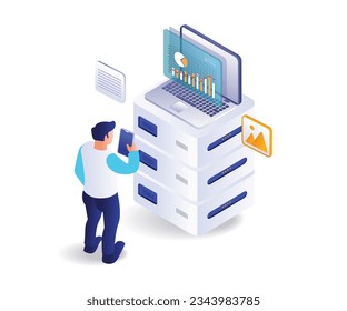 Man analyzing server data isometric illustration