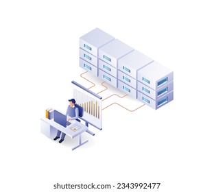 Man analyzing server data isometric illustation