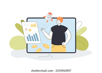 Man analyzing startup statistics in mobile app. Tiny person and fast rocket on phone screen flat vector illustration. Project launch, analysis concept for banner, website design or landing web page