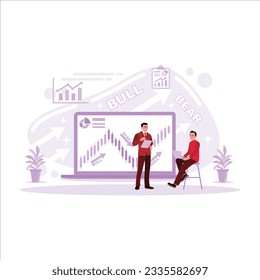 Man analyzing the stock market on a bull and bear background. Investment, risk, stock market, and finance concepts. Trend Modern vector flat illustration