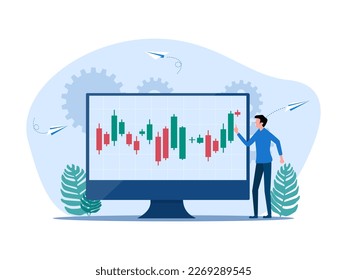 Man analyzing stock trading charts. finance and investment concept vector illustration