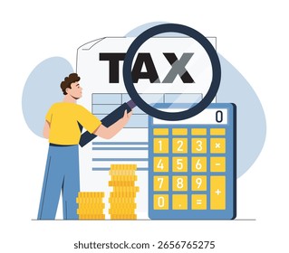 Man analyzing tax document with magnifying glass, beside calculator and stacked coins, flat style on white background. Concept of finance and tax audit. Vector illustration