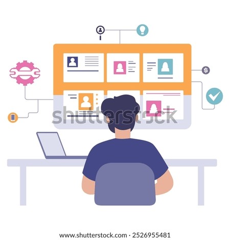 Man Analyzing User Profiles on Computer Screen