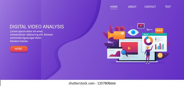 Man Analyzing Video Performance, Video Marketing Analytics, Gradient Horizontal Banner With Icons And Texts