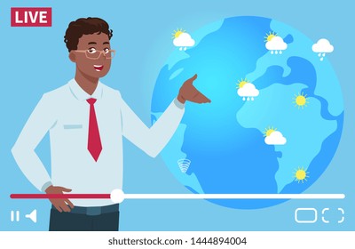 Man Anchorman Wheather Channel Vector Illustration. Worldwide Weather Forecast Concept. Weather News Tv, Forecast Reporter About Rain And Sun