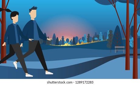 A man Andrew a woman isn’t running I in park in the early morning or sunset time with dark blue sky in modern style