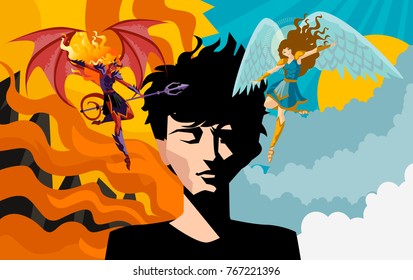 man with angel and demon in his shoulders