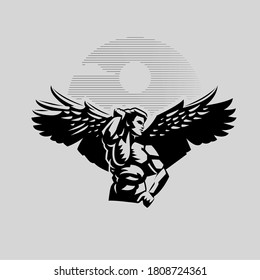 A man is an angel with wings, stroking his hair, the second hand on his belt.