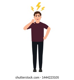 A man in anger, an angry guy, lightning over a man's head, a man shows a finger down, cartoon character vector illustration