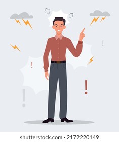 Man anger concept. Evil character screaming, guy with lightning bolts. Psychological problems with controlling emotions. Nervous breakdown and emotional burnout. Cartoon flat vector illustration