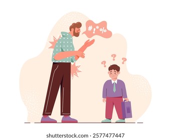 Man angrily scolding a boy holding briefcase. The boy looks confused with question marks above his head. Concept of conflict or misunderstanding. Flat cartoon vector illustration