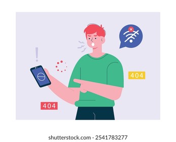 Man angry because wifi is off and mobile phone loading, addicted to online social media. Character design. Vector flat illustration