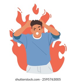 Man angry cartoon character shouting showcasing rudeness reaction and aggressive behavior burning in blazing flame of negative emotions vector illustration. Emotional stress and crisis of identity