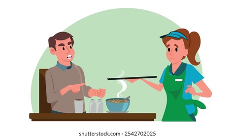 Man angry and dissatisfied with food in a restaurant shouting at the waitress. Customer complains about plated food being served on the dining table. Service problem conflict flat vector illustration.