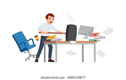 man angry, employee working on office with computer, holding big hammer