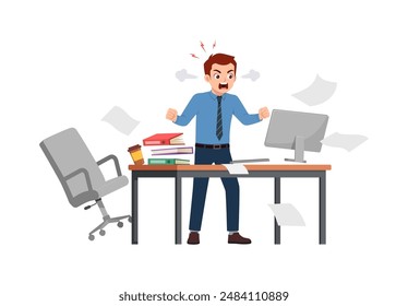 man angry, employee working on office with computer, scream and angry