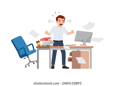 man angry, employee working on office with computer, scream and angry