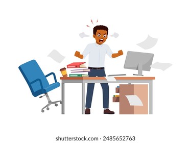 man angry, employee working on office with computer, scream and angry