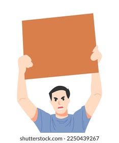 man with angry expression holding up cardboard, empty banner. protest sign. demonstration concept. vector illustration flat style.