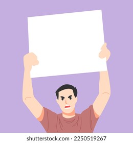 man with angry expression holding white blank protest sign. empty banner. demonstration concept. vector illustration flat style.