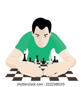 A man with an angry expression put his hands on the chessboard, the guy shielded the chessboard from strangers, flat vector, isolate on white