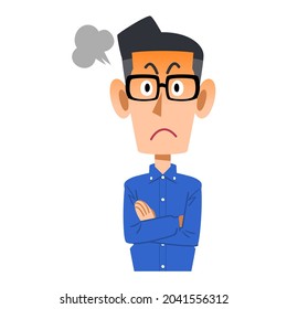 Un hombre con expresión furiosa, con gafas y camisa azul