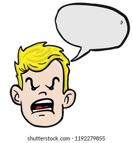 homem com rosto irritado e uma ilustração de desenho animado de balão isolado no branco