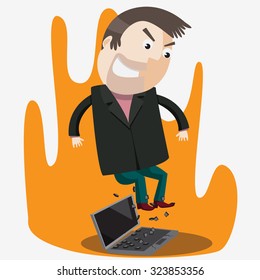 a man angry with his laptop and broke it