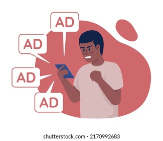 Man angry of redundant online ads 2D vector isolated illustration. Flat character on cartoon background. Obsessive ads colourful editable scene for mobile, website, presentation. Quicksand font used
