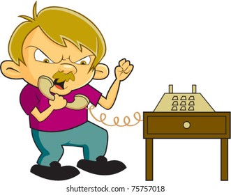 A man is angry and yelling on the phone because of poor customer service and solicitations from telemarketers